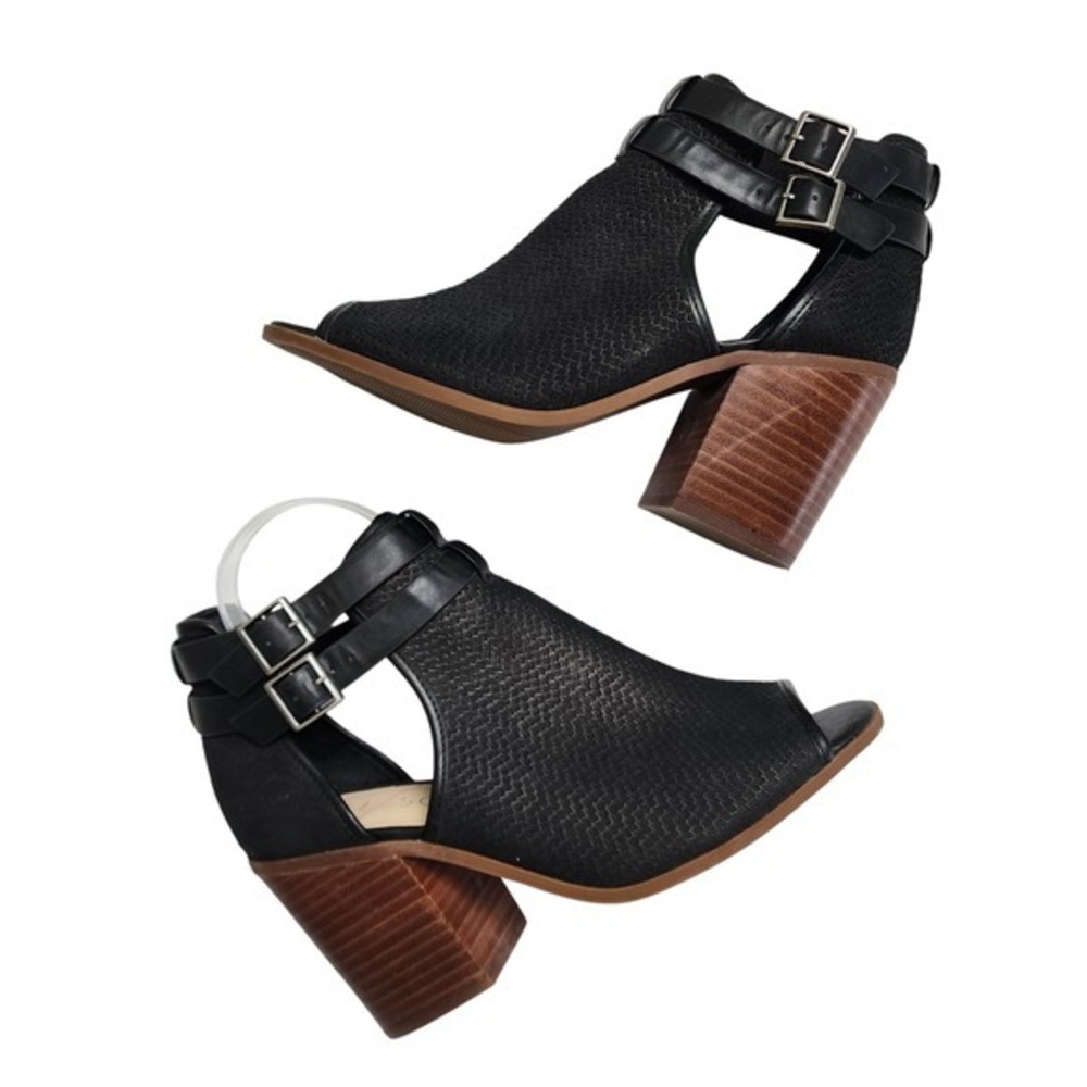 Sole Society Womens Carisse Block Heel Booties Size 9 Black Leather Peep Toe - Picture 1 of 12
